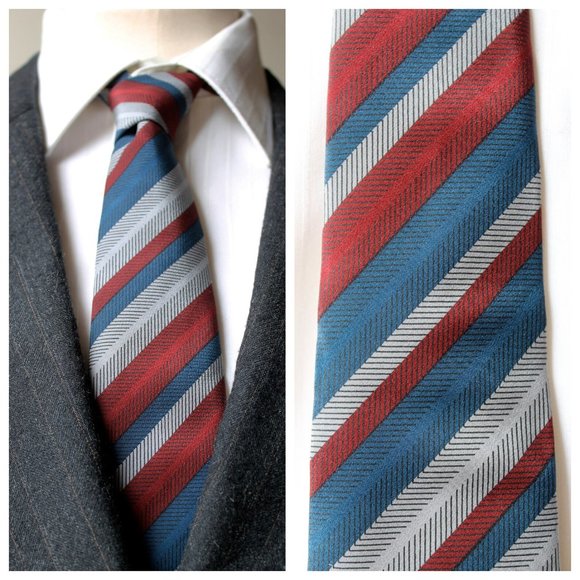 Vintage Men's Burgundy Red, Blue & Light Gray Stripe Silk Tie | Neckties - Picture 1 of 10